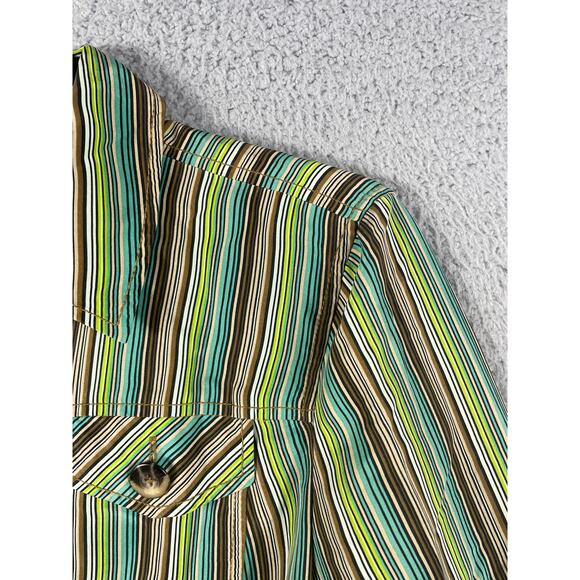 Dana Buchman Women Size 4 Silk Green Brown Blue Striped Button Up - Picture 5 of 12